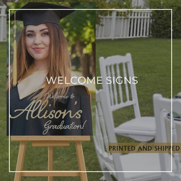 custom black graduation party welcome sign on an easel