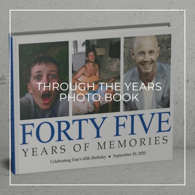 65 years of memories photo book showing the birthday boy through the years