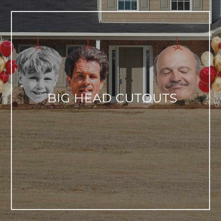 giant face cutouts showing the retiree at different stages of their life decorating the entrance to a house