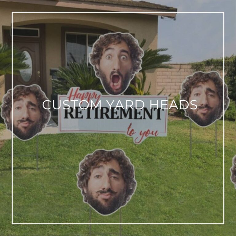 custom photo yard heads of a mans face arranged on a front lawn outside a house