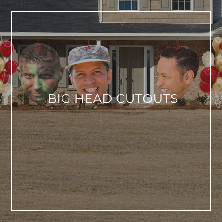 giant face cutouts of a man decorating the entrance to a house