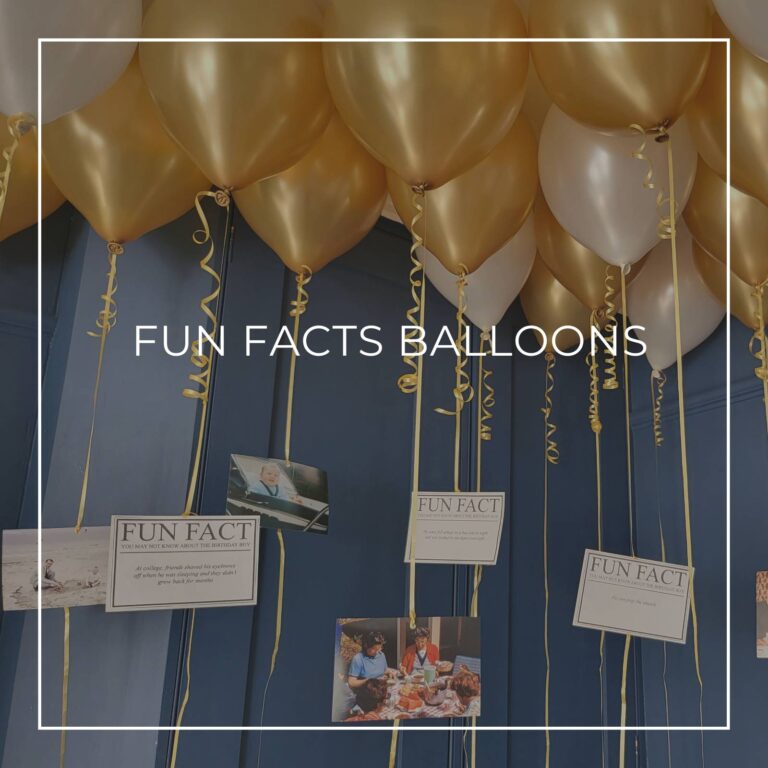 Photos and 'Fun Facts' about the guest of honor hanging from helium balloon strings used as party room decorations