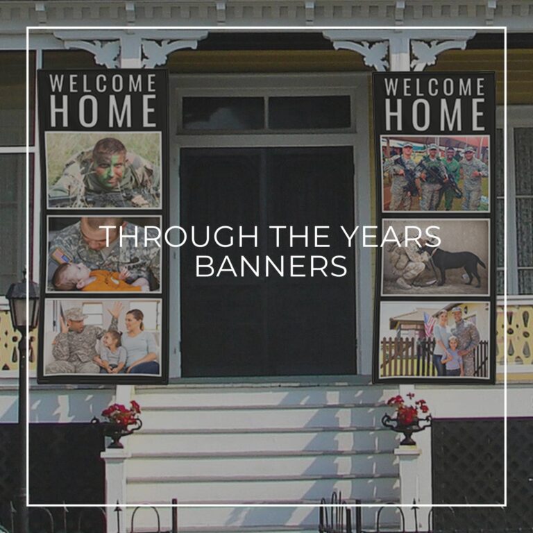 Look Who's Fifty custom photo vertical banners showing the birthday boy 'through the years' hung either side of house door