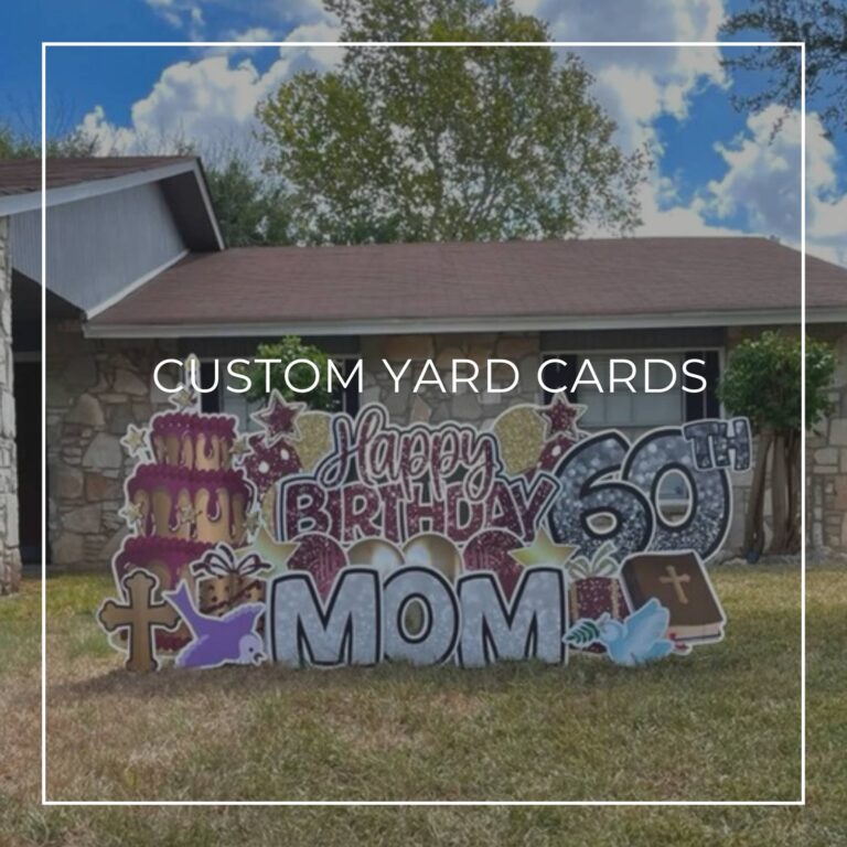 custom name and age happy birthday yard card set up on front lawn outside house