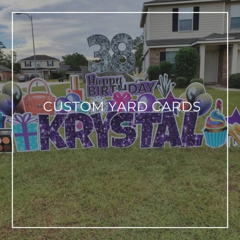 custom name and age happy birthday yard card set up on front lawn outside house