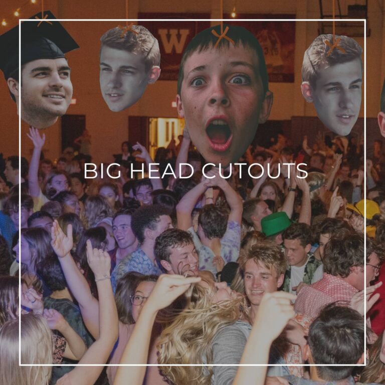 giant custom face cutouts showing the 21st birthday boy at different ages used as hanging decorations above a crowd of dancing party guests
