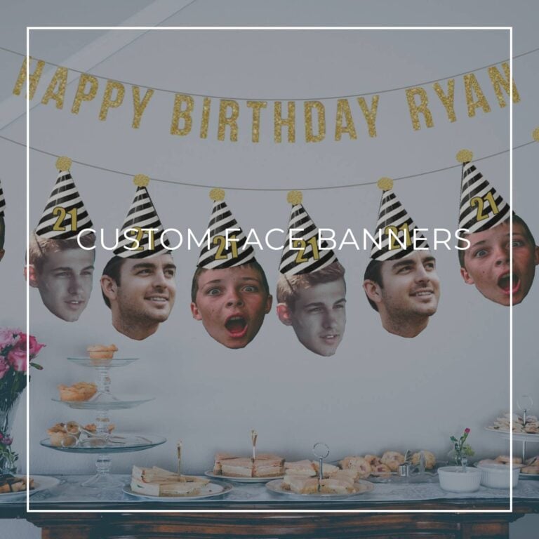 21st birthday custom face photo banners showing birthday boy at different ages hung above party dessert table