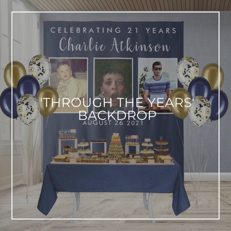 Celebrating 21 Years custom photo birthday backdrop behind a party dessert table
