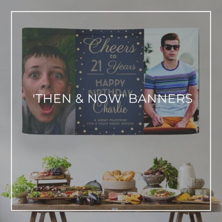 Cheers to 21 Years custom 'Then & Now' photo birthday banner decorations hung above party food table