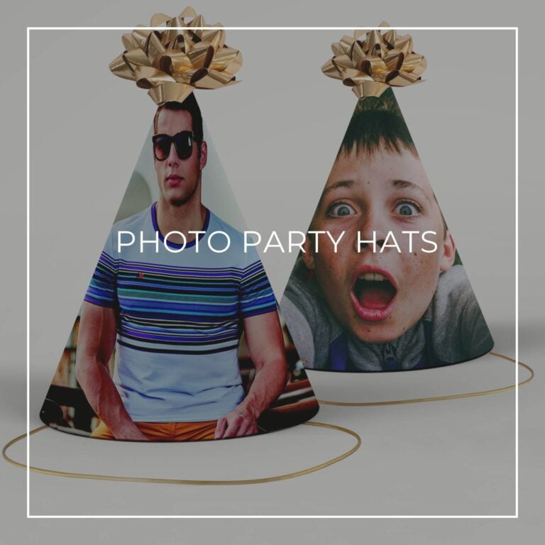 color photo party hats showing the 21st birthday boy now and as a boy