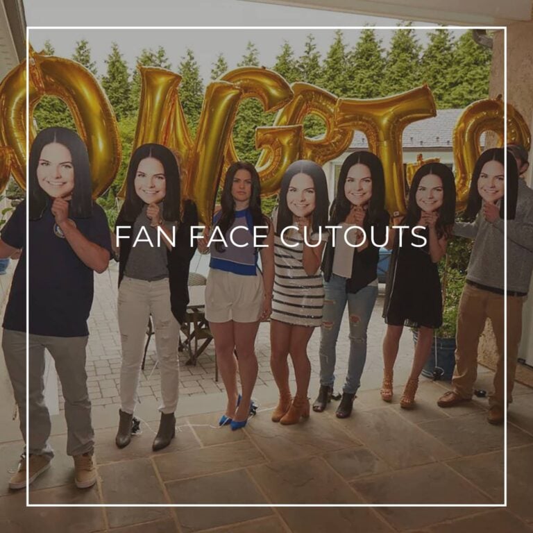 group of people holding custom fan faces of the 21st birthday girl in front of their own faces
