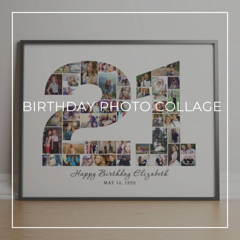 framed Happy 21st Birthday photo collage with the numbers 21 made up of 'through the years' style photos of the birthday girl at different ages