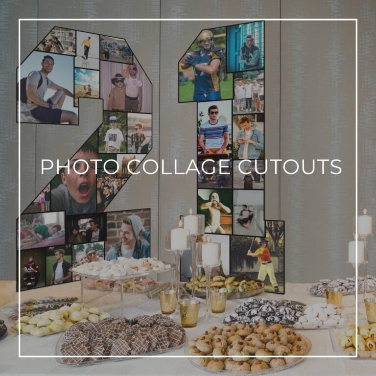 number 21 'through the years' photo collage cutout standing on a party dessert table showing photos of the 21st birthday boy