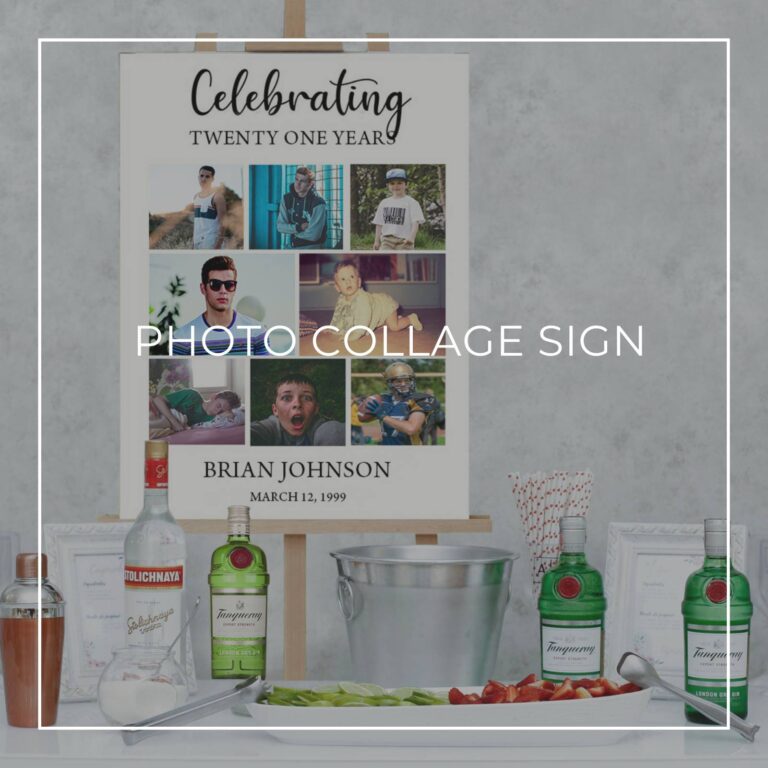 celebrating 21 years birthday photo collage sign set up on a party drinks table bar