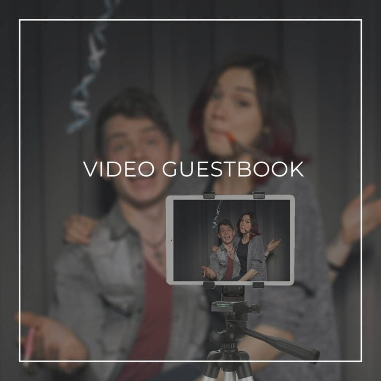 couple recording a video message on a tablet on a tripod for a 21st birthday party