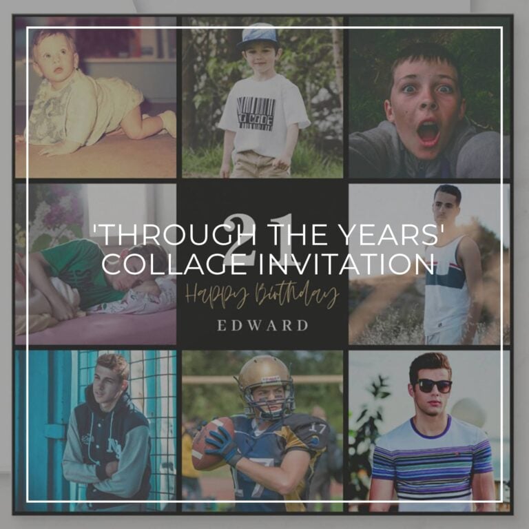 21st birthday party photo collage invitation showing the birthday boy 'through the years'