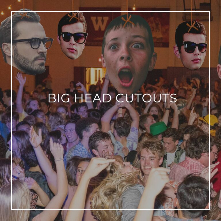 giant custom face cutouts showing the 30th birthday boy at different ages used as hanging decorations above a crowd of dancing party guests