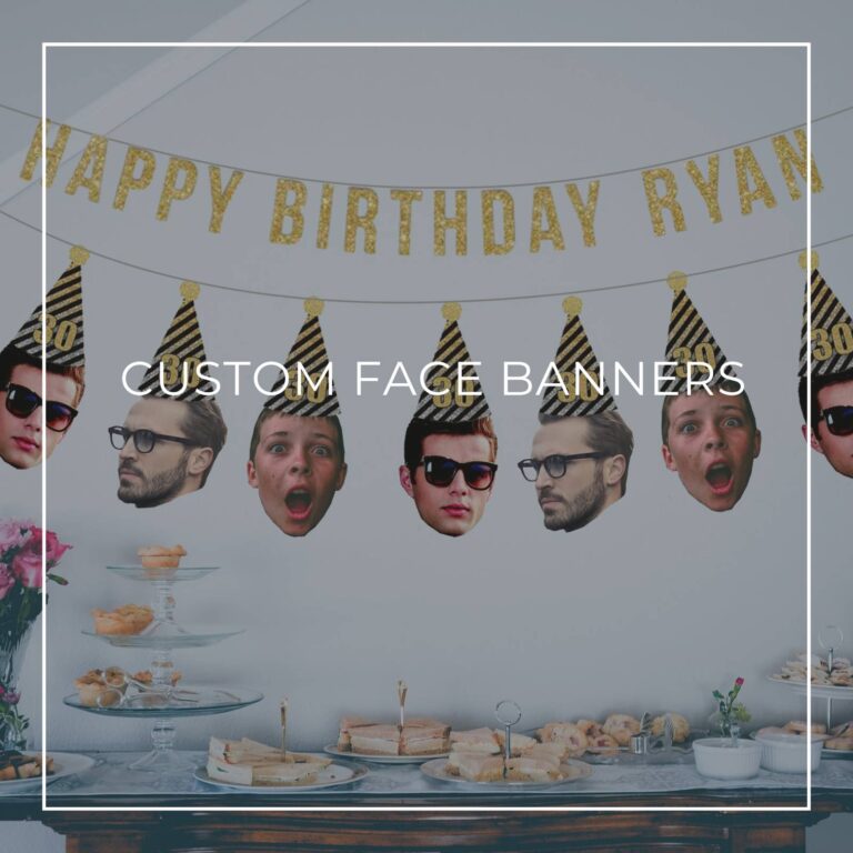 30th birthday custom face photo banners showing birthday boy at different ages hung above party dessert table