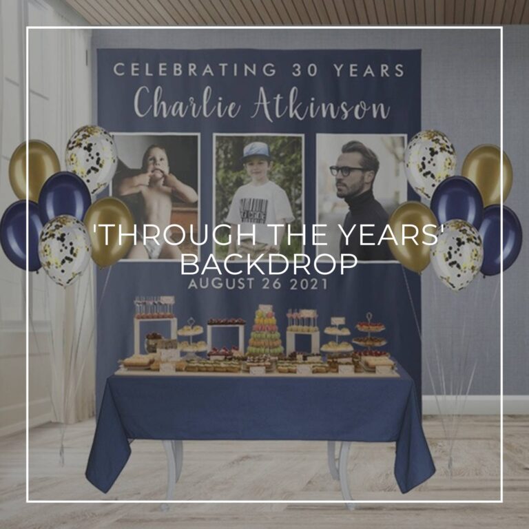 Celebrating 30 Years custom photo birthday backdrop behind a party dessert table