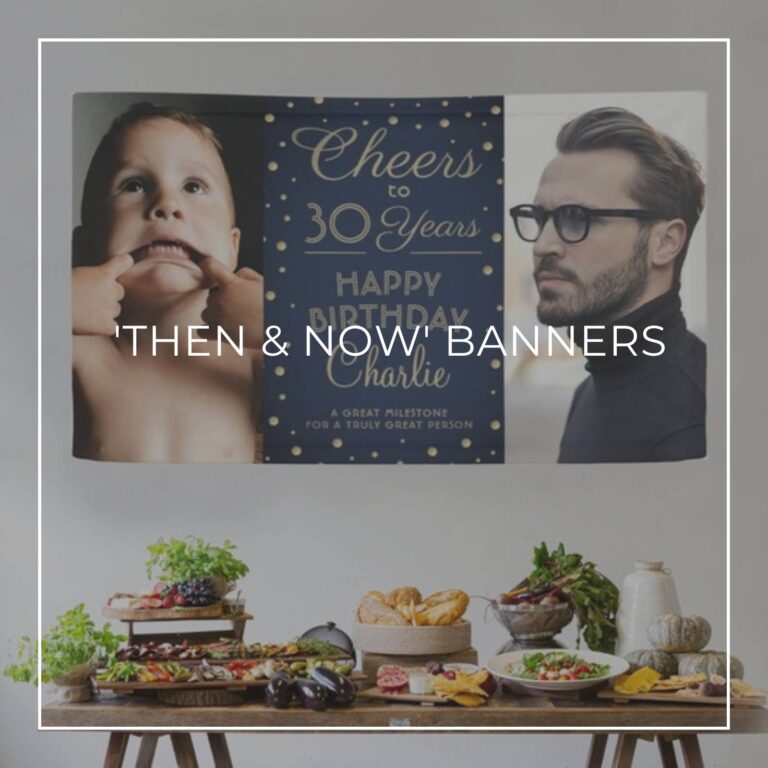 Cheers to 30 Years custom 'Then & Now' photo birthday banner decorations hung above party food table