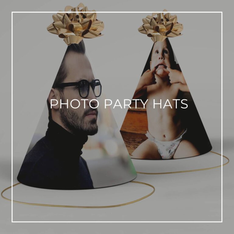 color photo party hats showing the 30th birthday boy now and as a baby