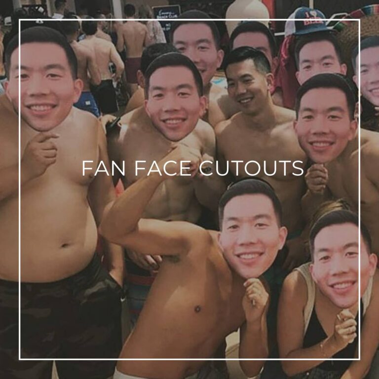 group of people holding custom fan faces of the 30th birthday boy in front of their own faces