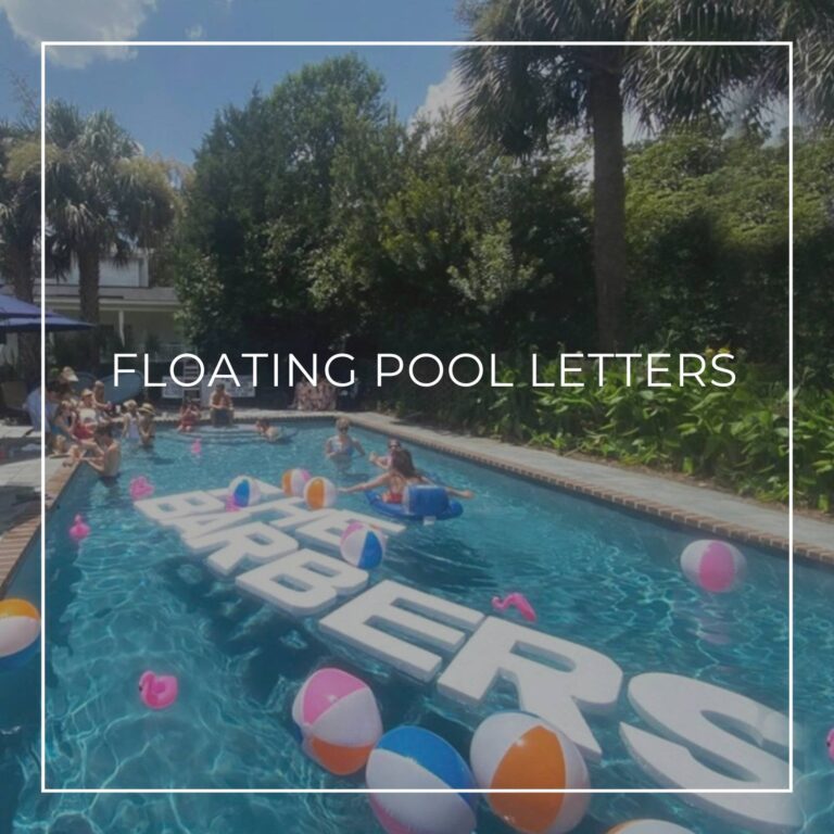 Floating pool letters spelling 'The Barbers' decorating a 30th birthday pool party