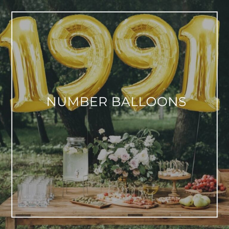 giant number balloons spelling 1991 above a dessert table for an 30th birthday party
