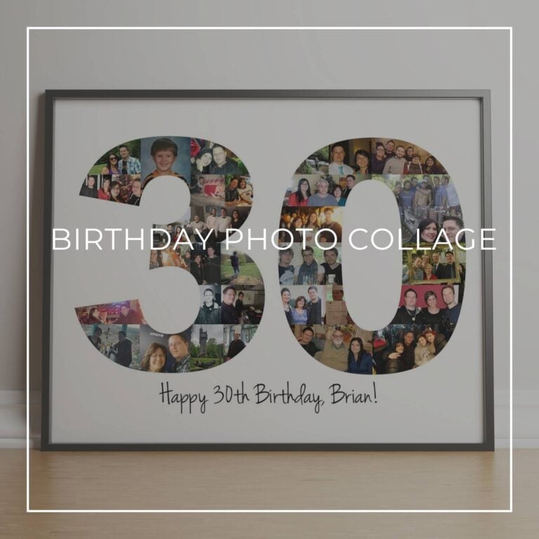 framed Happy 30th Birthday photo collage with the numbers 30 made up of 'through the years' style photos of the birthday boy at different ages