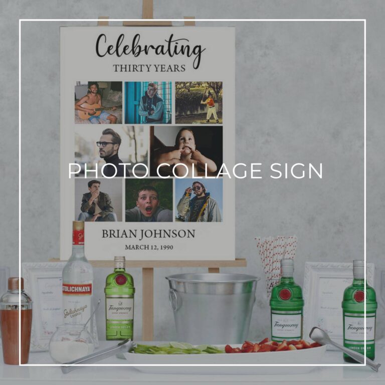 celebrating 30 years birthday photo collage sign set up on a party drinks table bar
