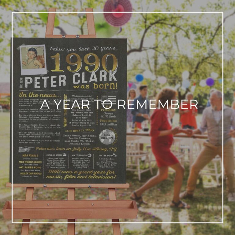30th birthday facts and trivia sign about year you were born displayed on an easel at a party