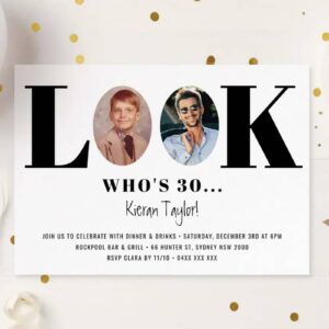 Look Who's 30 30th birthday invitation card with two photo cutouts, shown with envelope