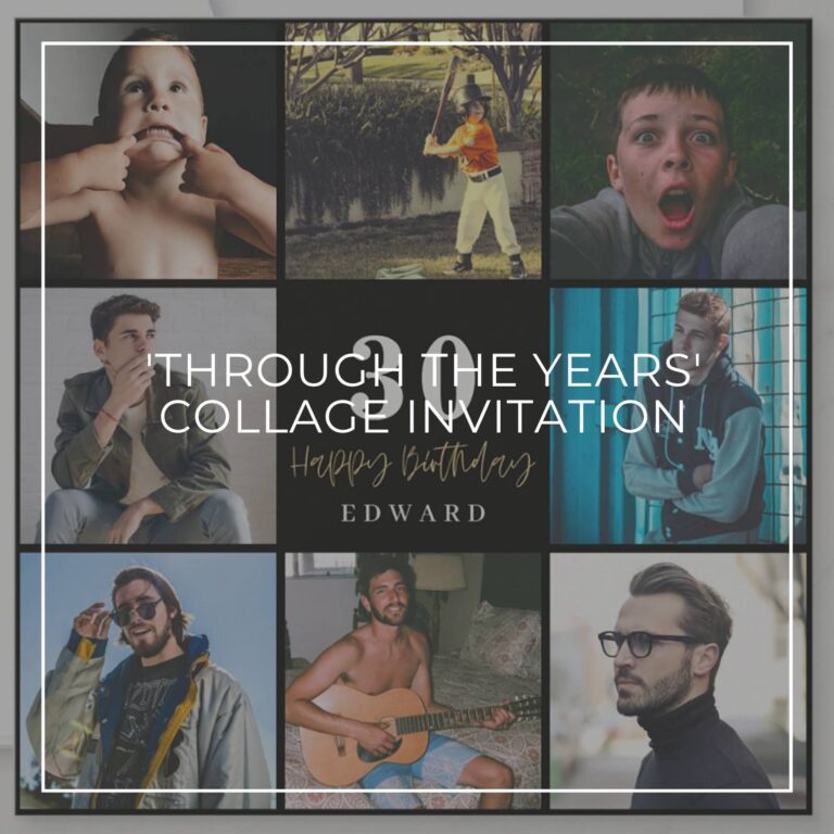30th birthday party photo collage invitation showing the birthday boy 'through the years'