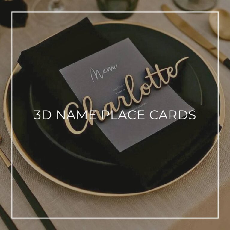 3D name place cards: gold script name Charlotte on a black charger plate with a grey menu card