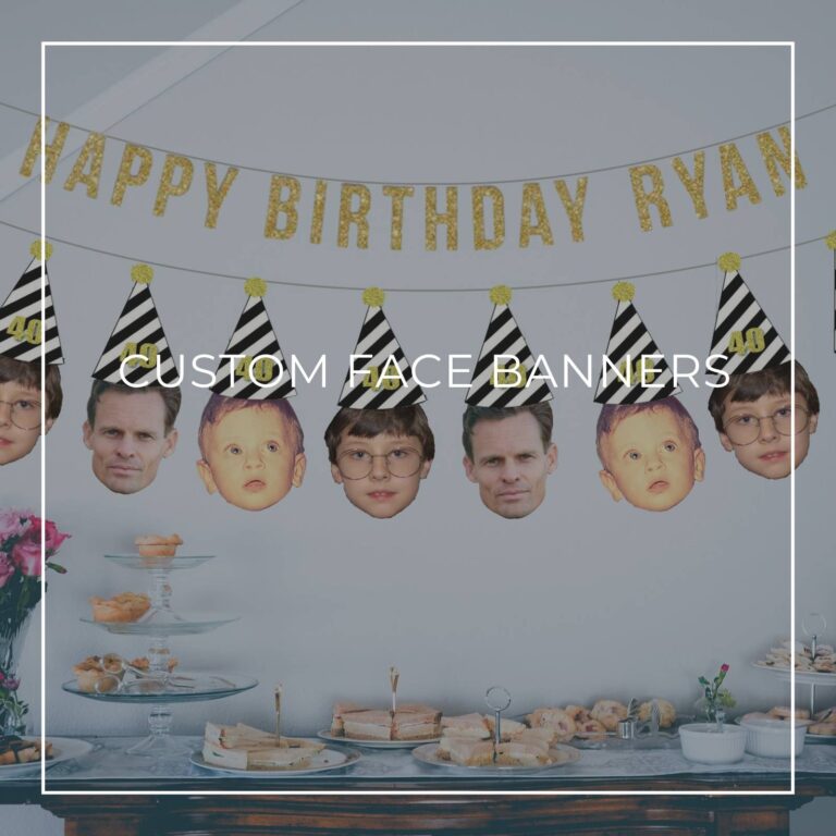 40th birthday custom face photo banners showing birthday boy at different ages hung above party dessert table