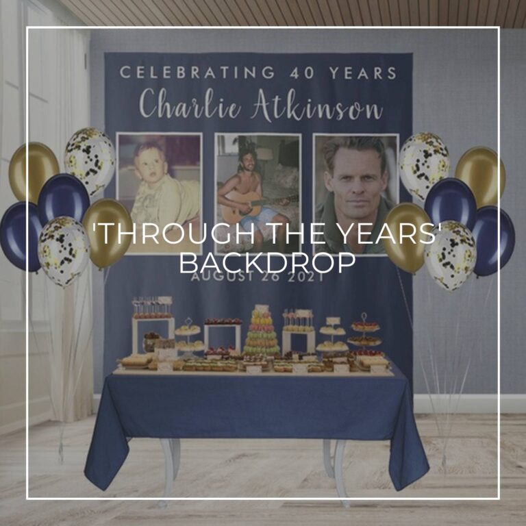 Celebrating 40 Years custom photo birthday backdrop behind a party dessert table