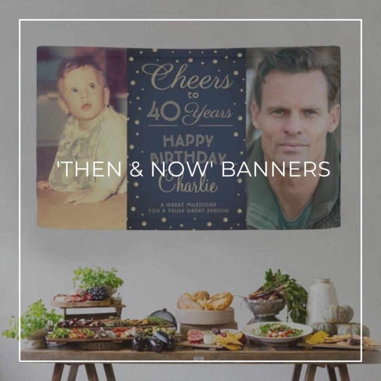 Cheers to 40 Years custom 'Then & Now' photo birthday banner decorations hung above party food table