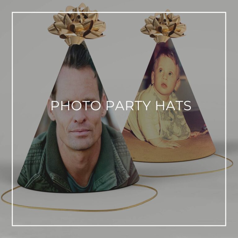 color photo party hats showing the 40th birthday boy now and as a baby