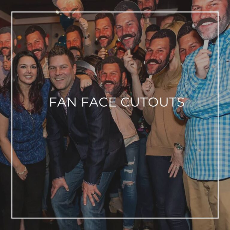 group of people holding custom fan faces of the 40th birthday boy in front of their own faces