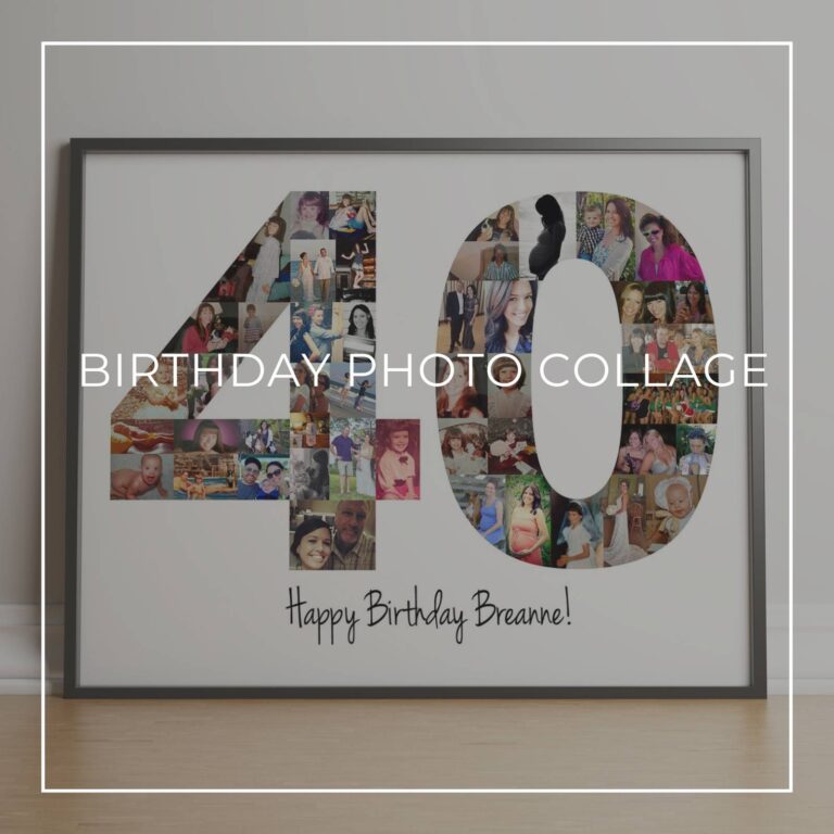 framed Happy 40th Birthday photo collage with the numbers 40 made up of 'through the years' style photos of the birthday girl at different ages