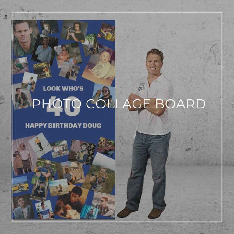Look who's 40 freestanding 40th birthday photo collage board decoration showing photos of the birthday boy through the years