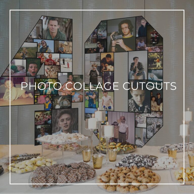 number 40 'through the years' photo collage cutout standing on a party dessert table showing photos of the 40th birthday boy