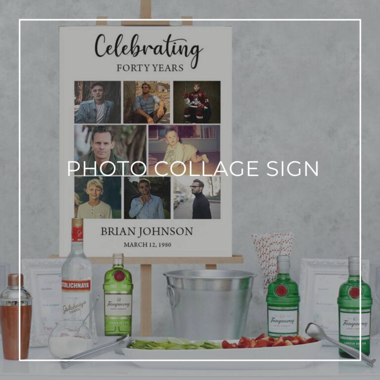 celebrating 40 years birthday photo collage sign set up on a party drinks table bar