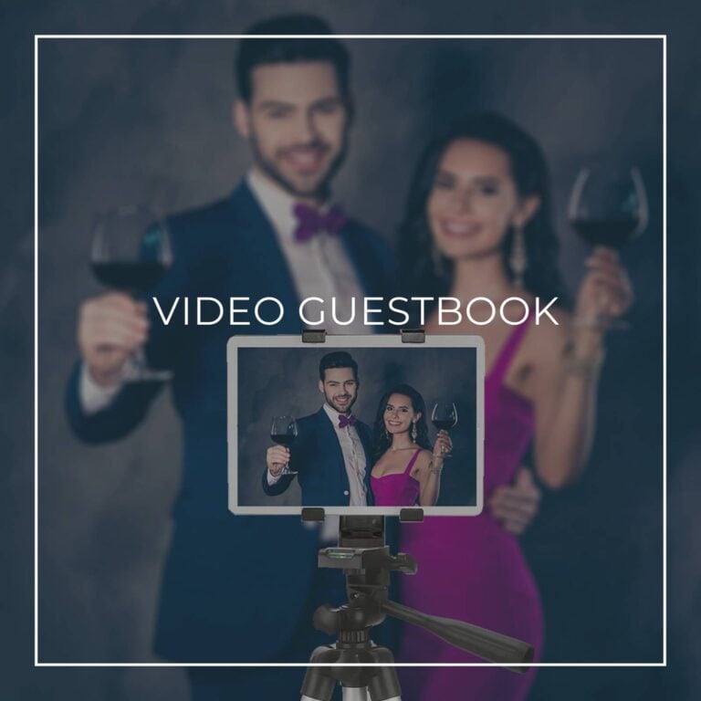 couple recording a video message on a tablet on a tripod for a 40th birthday party