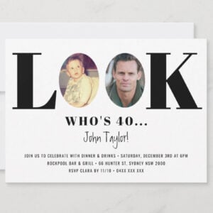 Look Who's 40 40th birthday invitation card with two photo cutouts, shown with envelope