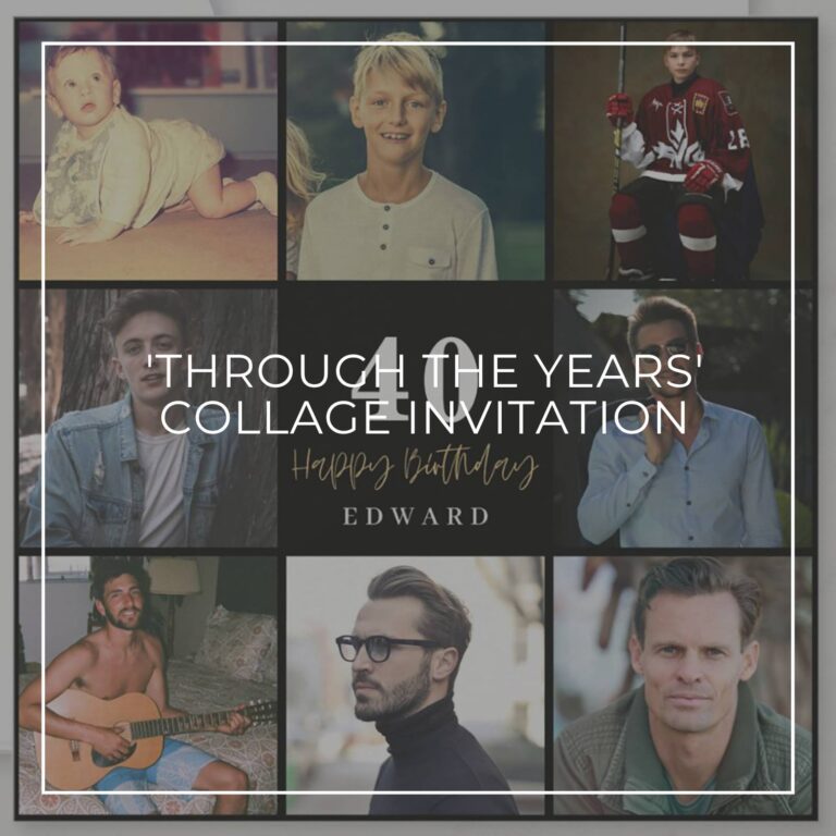 40th birthday party photo collage invitation showing the birthday boy 'through the years'
