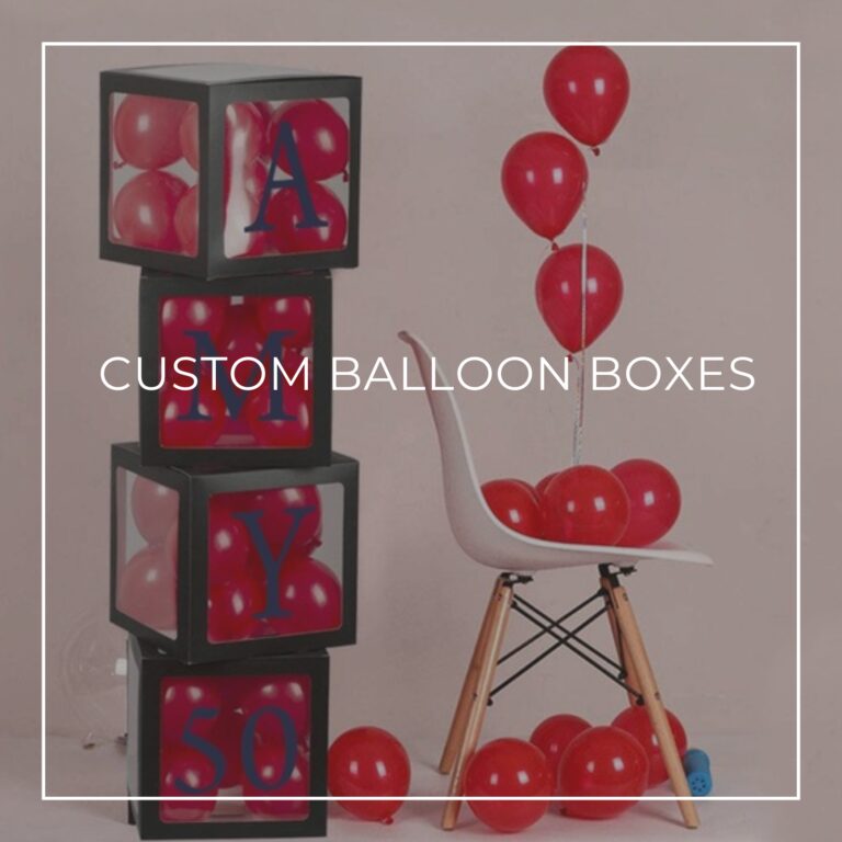 a stack of 4 custom balloon boxes spelling 'Amy is 50' filled with red balloons