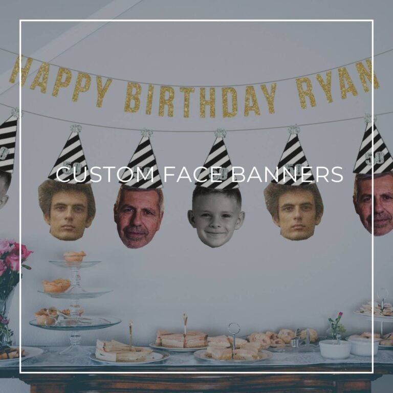 50th birthday custom face photo banners showing birthday boy at different ages hung above party dessert table