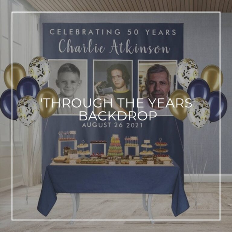 Celebrating 50 Years custom photo birthday backdrop behind a party dessert table