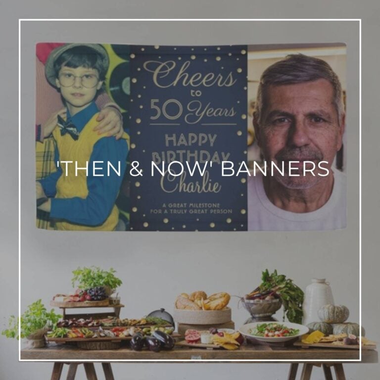 Cheers to 50 Years custom 'Then & Now' photo birthday banner decorations hung above party food table